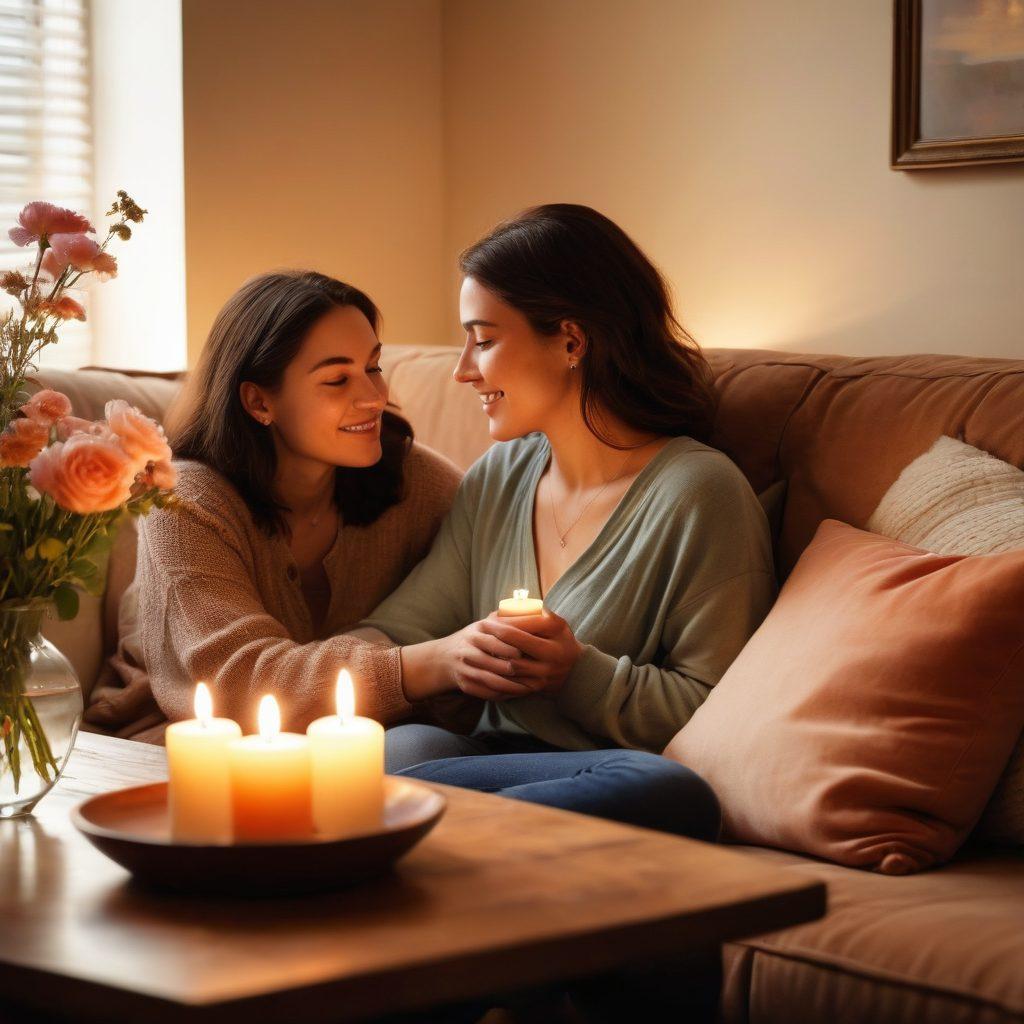 A cozy scene featuring two people sitting close together on a comfortable couch, sharing a heartfelt conversation. Soft, warm lighting creates an intimate atmosphere, while a small table holds a lit candle and a vase of fresh flowers. The background hints at a beautiful living room setting filled with personal mementos and photographs that reflect their shared memories. Include gentle, supportive expressions on their faces, symbolizing deep emotional connection. super-realistic. warm tones. inviting atmosphere. natural lighting.