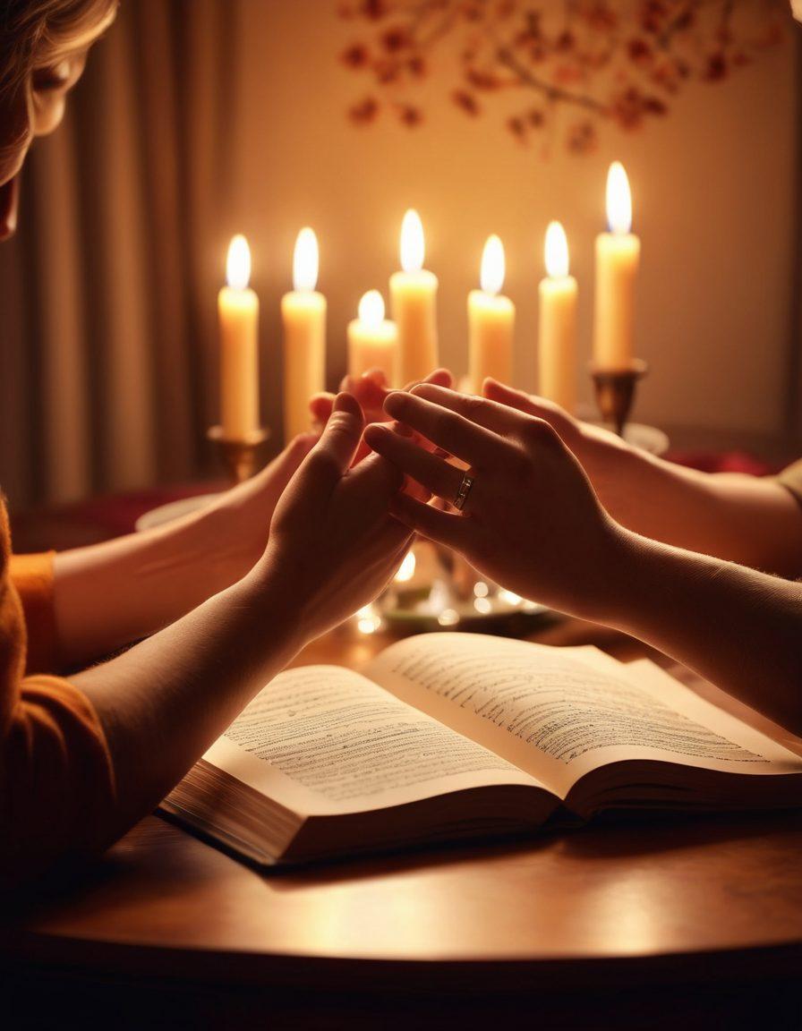 A warm and cozy scene of a couple sharing a tender moment at a candlelit dinner, with soft music notes floating around them. Include elements of trust, like a key on the table symbolizing openness, and intimacy depicted through their interlocked hands. The background should be softly blurred to focus on their connection, with a romantic ambiance. super-realistic. warm colors. soft focus.