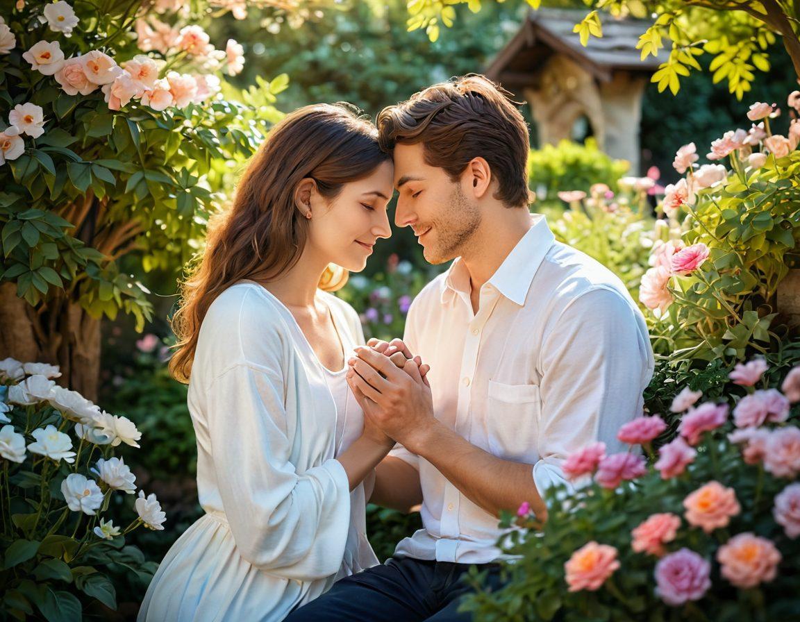 A warm, cozy scene of two people sharing a tender moment, surrounded by soft ambient light, depicting love and care; a serene garden in the background with blooming flowers symbolizing growth and connection, and gentle hands intertwined. super-realistic. vibrant colors. soft focus.